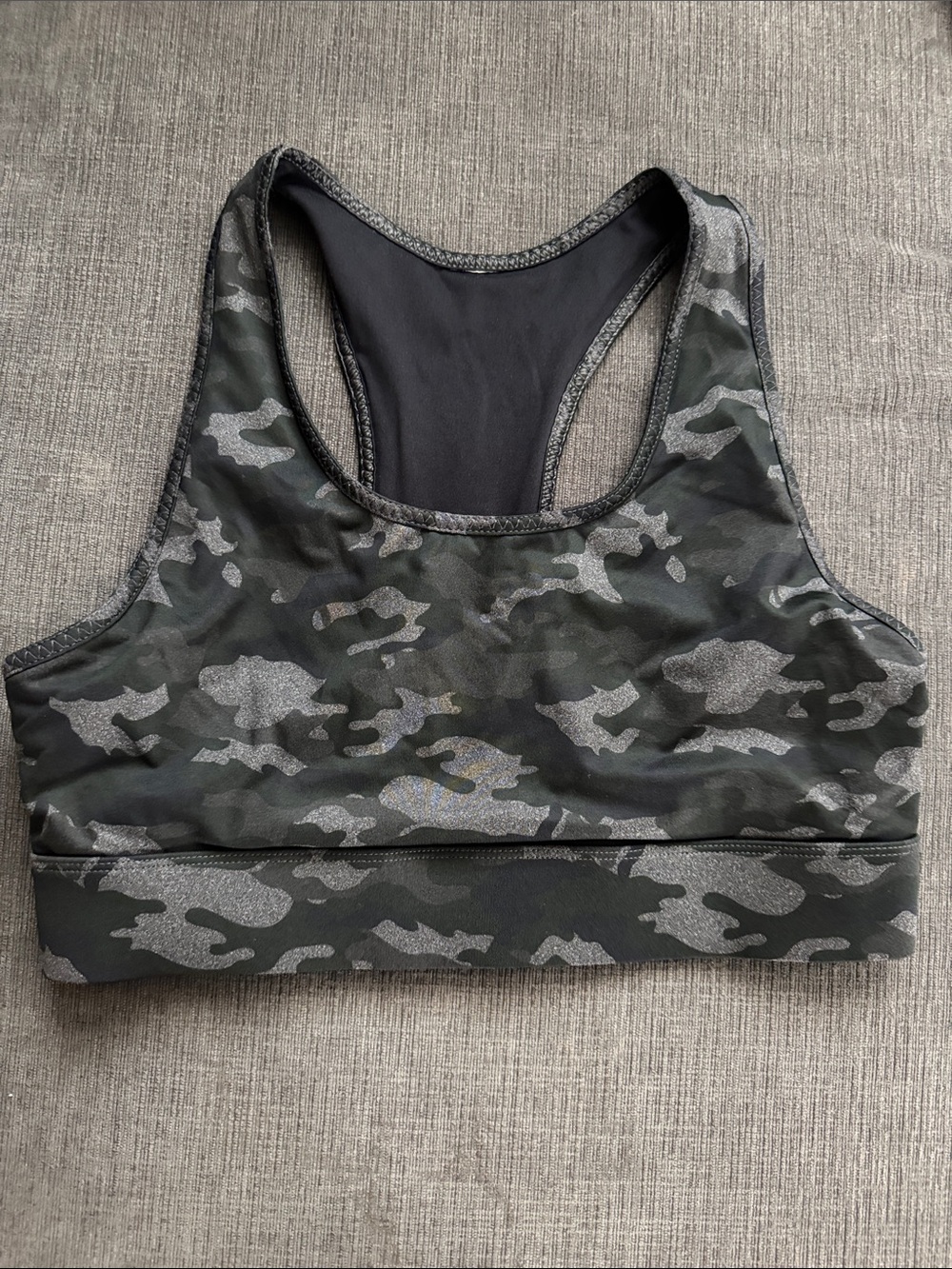 Fabletics Olive and Gray Camo Racerback Sports Bra